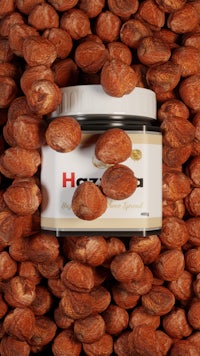 a jar of hazelnuts sitting on top of a pile of nuts